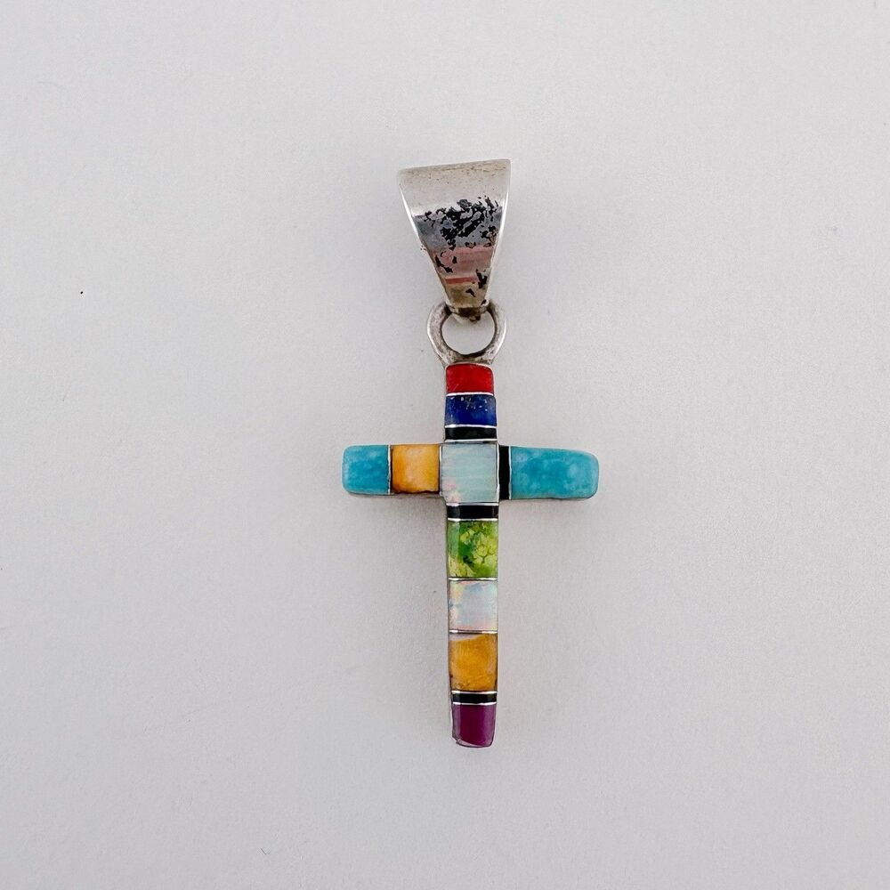 Unmarked Sterling Silver Southwestern Style Multi Stone Inlay Cross Pendant